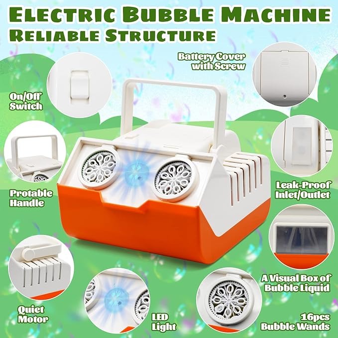 Bubble Machine Automatic Bubble Blower, 16000+ Bubbles Per Minute for Kids Toddlers, Bubble Machine with Dual Motors and LED Lights, Battery Operated Bubble Toys for Indoor Outdoor Birthday Parties