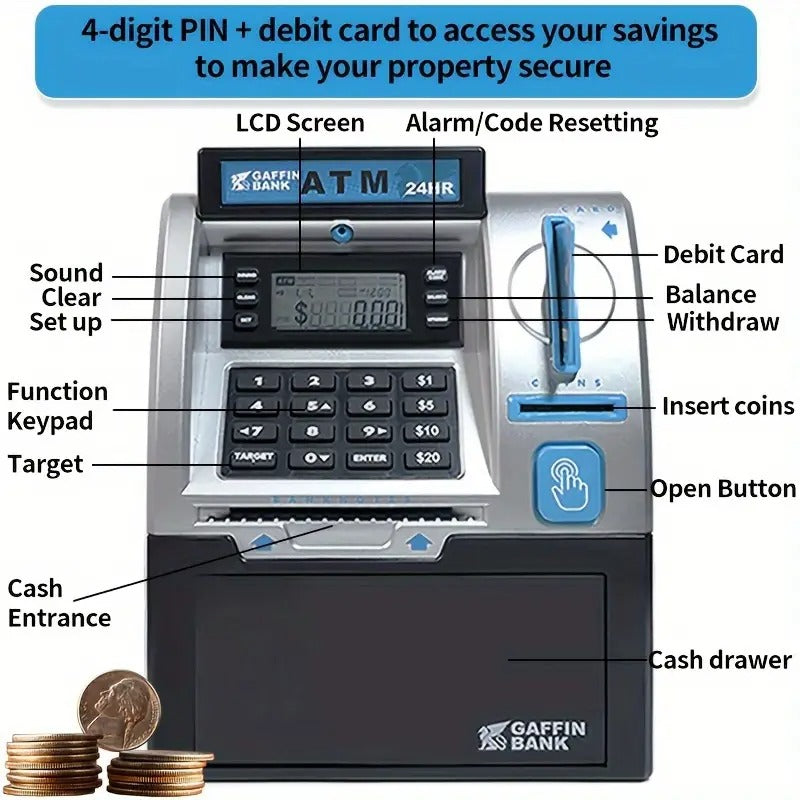 Large ATM Penny Bank with Password, Cash and Coin Safe Money Saving Toy, Perfect Christmas New Year Gift for Notes and Coins